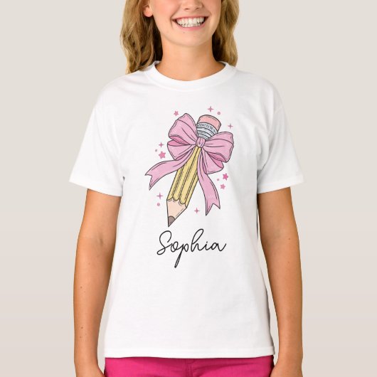 T-shirt Custom Girls Back to School Coquette Pencil Bow (Devant)