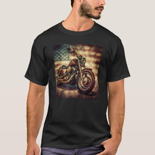 T-shirt Custom Motorcycle Retro USA Flag Retro Biker Vinta (Devant)