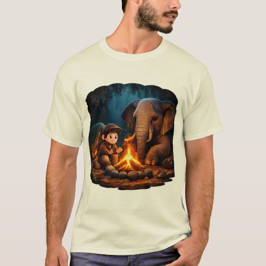 T-shirt “Cute 3D Boy & Elephant Campfire Sticker in Dark J (Devant)