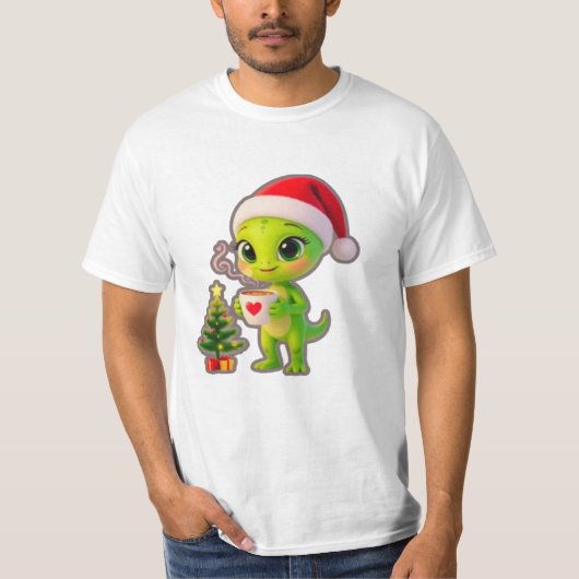T-shirt **Cute 3D Green Alien in Santa Hat with Hot Chocol (Devant)