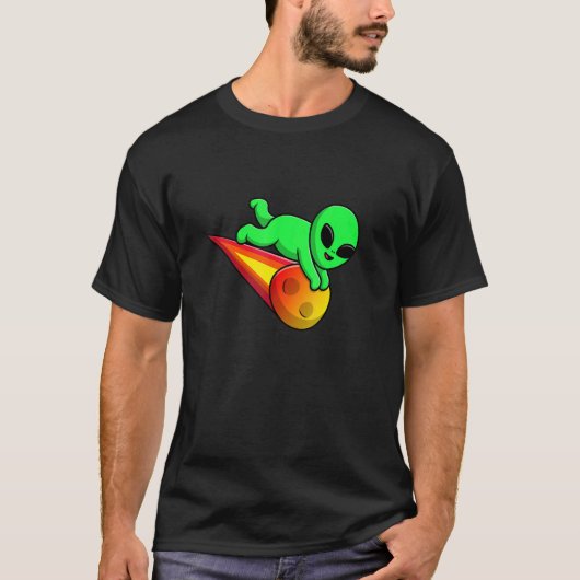 T-shirt Cute Alien Flying with Meteorite Stone Asteroid UF (Devant)
