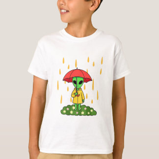 T-shirt Cute Alien With Umbrella in Rain Kawaii Character
