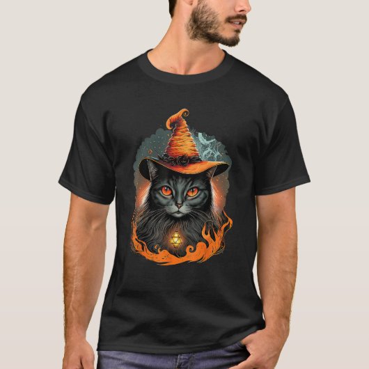 T-shirt Cute and Creepy Black Cat Wearing a Witch Hat (Devant)