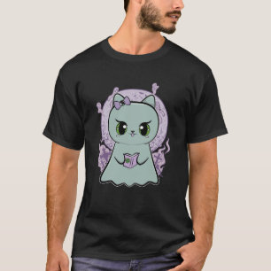 T-shirt Cute Anime Chat Noir Fantôme Et Livre Magique Pour