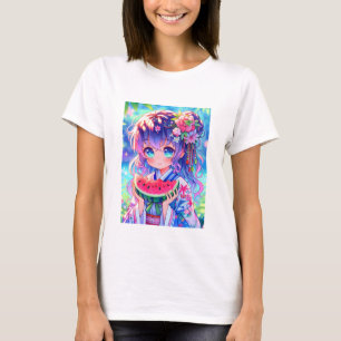 T-shirt Cute Anime Girl Manger Watermelon sur une journée 