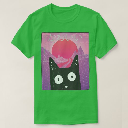 T-shirt Cute Anime Retro Kitten Neko Synthwave Japon 80s M (Design devant)