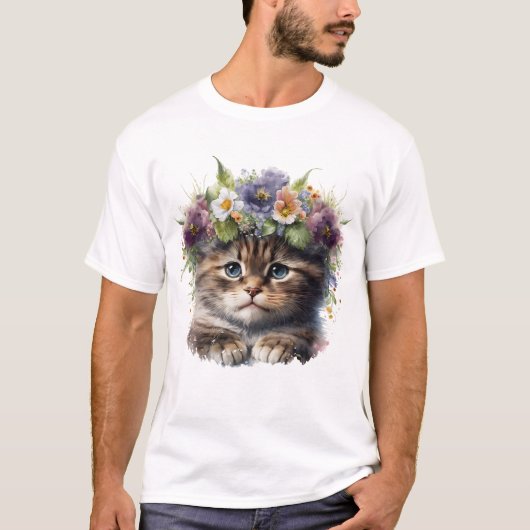 T-shirt Cute Aquarelle Florale Chat (Devant)