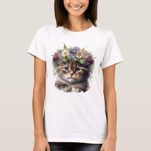 T-shirt Cute Aquarelle Florale Chat (Devant)