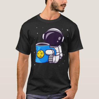 T-shirt Cute Astronaut tenant Cup Coffee Cartoon de l'espa