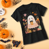 T-shirt Cute Autumn Ghost with Pumpkin Coffee – Cozy Fall 