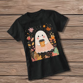 T-shirt Cute Autumn Ghost with Pumpkin Coffee – Cozy Fall 
