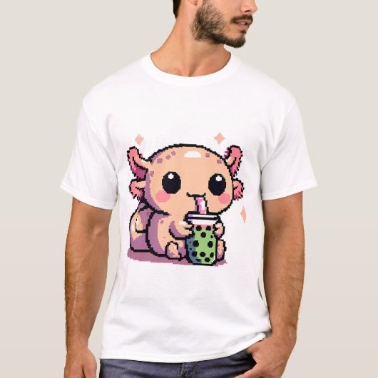 T-shirt Cute Axolotl Boire Boba Pixel Art (Devant)