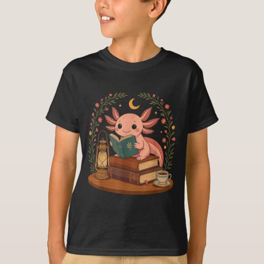 T-shirt Cute Axolotl Reading Books Cozy Bookworm  (Devant)