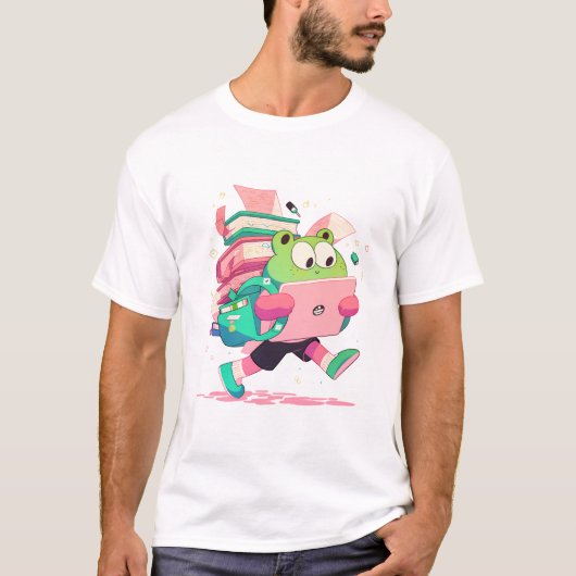 T-shirt Cute Back to School Frog with Books and Backpack (Devant)