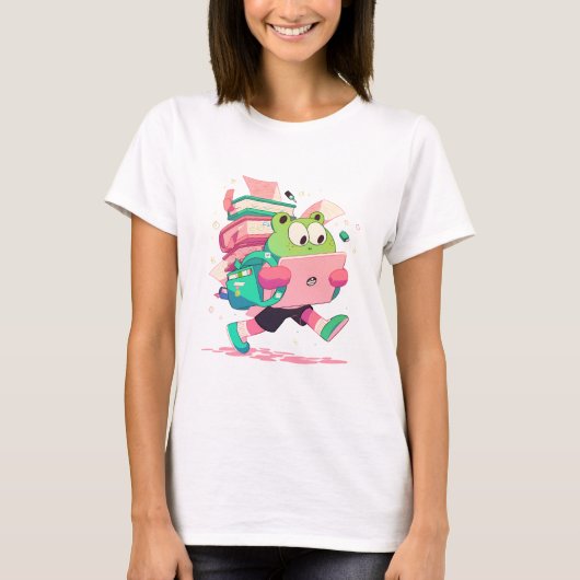 T-shirt Cute Back to School Frog with Books and Backpack (Devant)