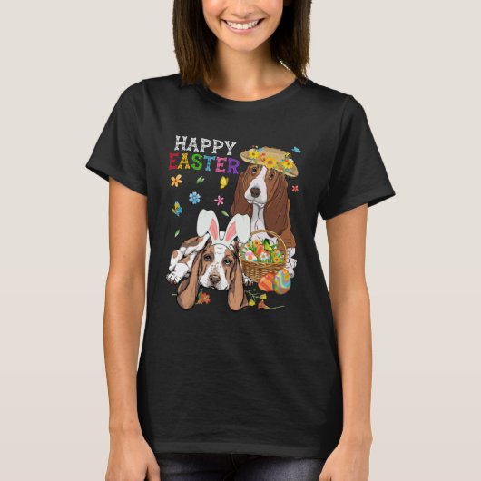 T-shirt Cute Basset Hound Dogs Easter Egg Basket Happy Eas (Devant)