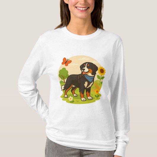 T-shirt Cute Bernese Mountain Dog with Sunflower & Butterf (Devant)