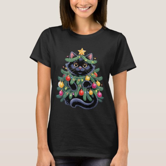 T-shirt Cute Black Cat Christmas Tree Funny Kitten Lover X (Devant)