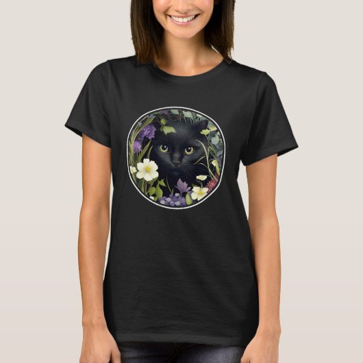 T-shirt Cute Black Cat Hiding in Spring Flowers Aesthetic (Devant)