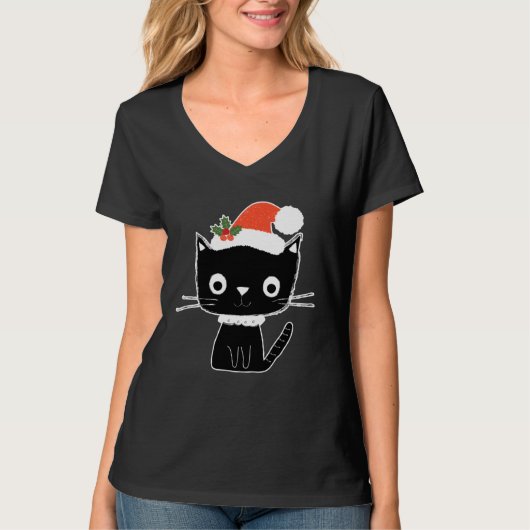 T-shirt Cute Black Cat in Santa Claus Hat (Devant)