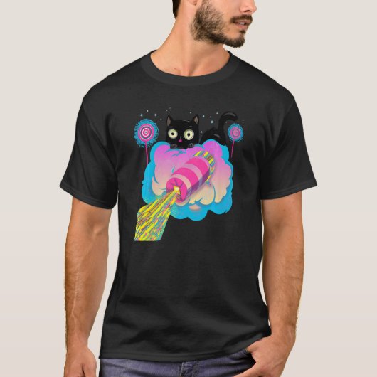 T-shirt Cute Black Cat Space Rocket (Devant)
