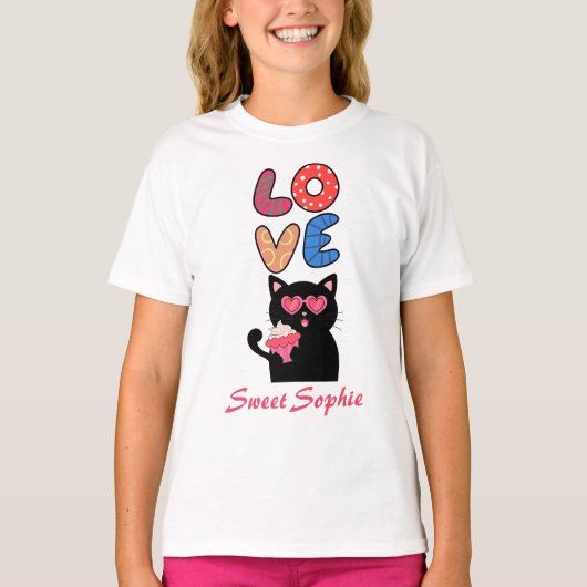 T-shirt Cute Black Cat with Heart Sunglasses & Cupcake (Devant)