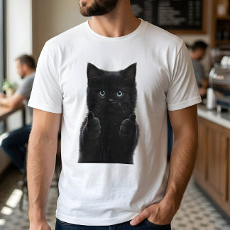 T-shirt Cute Black Kitten Thumbs Up White 