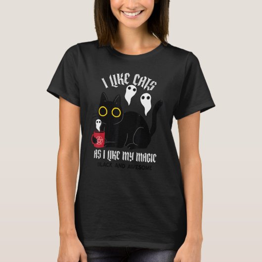 T-shirt Cute Black Kitty Witchy Avec Fantômes Black Magic (Devant)
