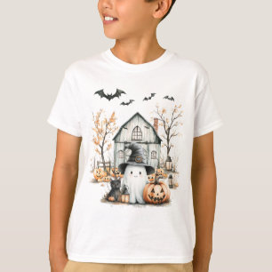 T-shirt Cute blanc et orange Fantôme avec grange d'automne