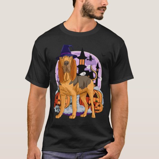 T-shirt Cute Bloodhound Dog Halloween Witch Pumpkin (Devant)