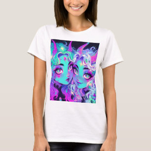 T-shirt Cute Blue Horned Alien Twins Anime Girls