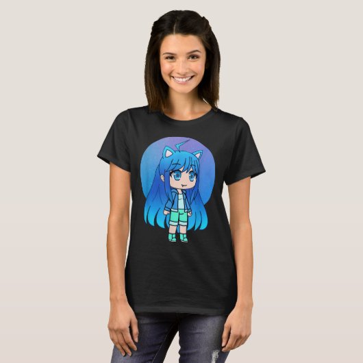 T-shirt Cute Blue Neko Girl | Kawaii Anime Chibi Art (Devant entier)