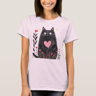 T-shirt Cute Boho Floral Aquarelle Noir Chat Art