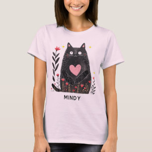T-shirt Cute Boho Floral Aquarelle Noir Chat Personnalisé
