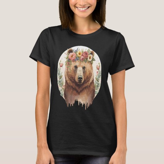 T-shirt Cute Brown Bear Grizzly Flower Crown Animal (Devant)