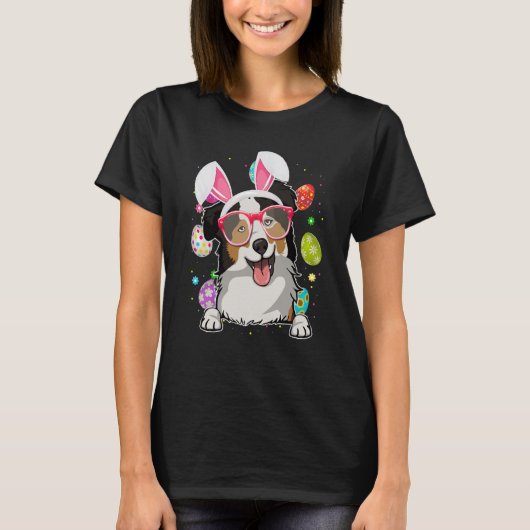 T-shirt Cute Bunny Australian Shepherd Dog Face Easter Egg (Devant)