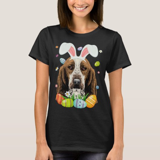 T-shirt Cute Bunny Basset Hound Dog Head Easter Egg Happy  (Devant)