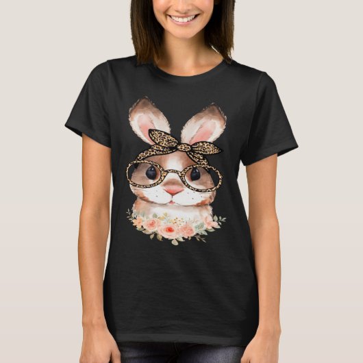 T-shirt Cute Bunny Face Floral  Leopard Print Glasses EAST (Devant)