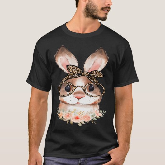 T-shirt Cute Bunny Face Floral  Leopard Print Glasses EAST (Devant)