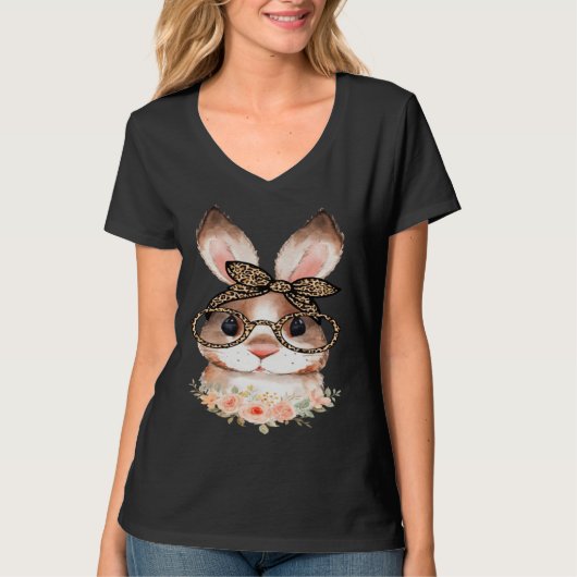 T-shirt Cute Bunny Face Floral  Leopard Print Glasses EAST (Devant)