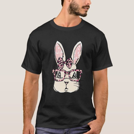 T-shirt Cute Bunny Face Pink Leopard lunettes Bow Cravate (Devant)