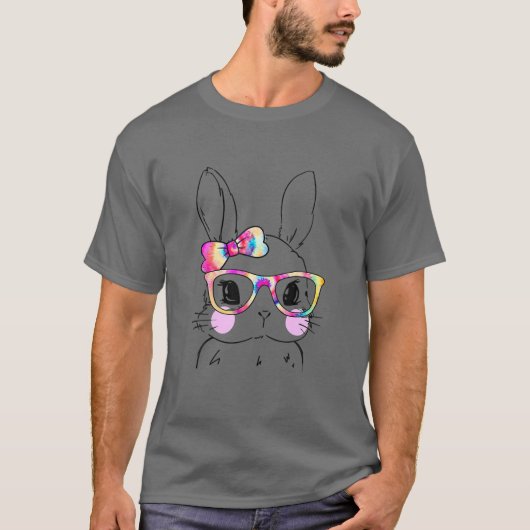 T-shirt Cute Bunny Face Tie Dye Bow Cravate Pâques Filles  (Devant)