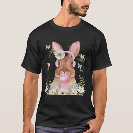 T-shirt Cute Bunny Face With Bubblegum And Headphones East (Devant)