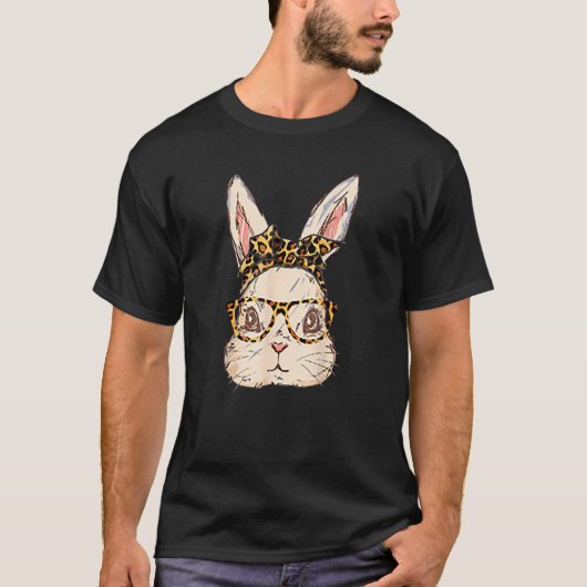 T-shirt Cute Bunny Leopard Messy Bun Glasses Bubblegum Eas (Devant)