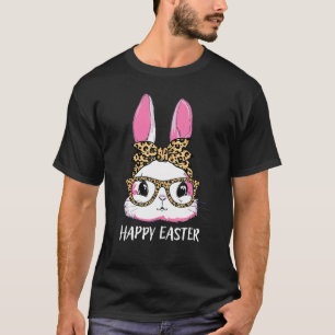 T-shirt Cute Bunny Leopard Messy Lunettes Bun Happ Headban