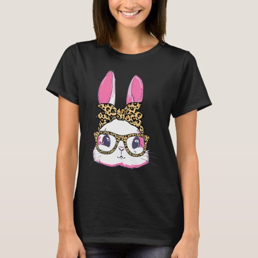 T-shirt Cute Bunny Leopard Messy Lunettes Bun Happ Headban (Devant)