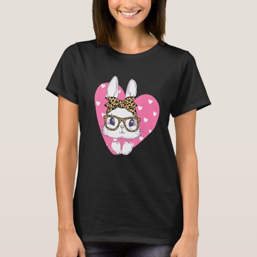 T-shirt Cute Bunny Leopard Messy Lunettes Bun Happ Headban (Devant)