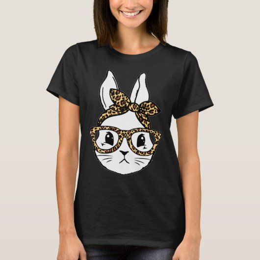 T-shirt Cute Bunny Rabbit Face Messy Bun Leopard Glasses G (Devant)