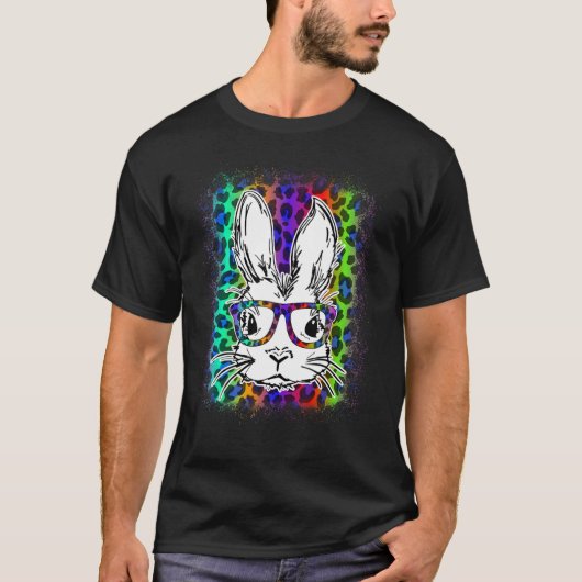 T-shirt Cute Bunny Visage arc-en-ciel Leopard Bleached Hap (Devant)