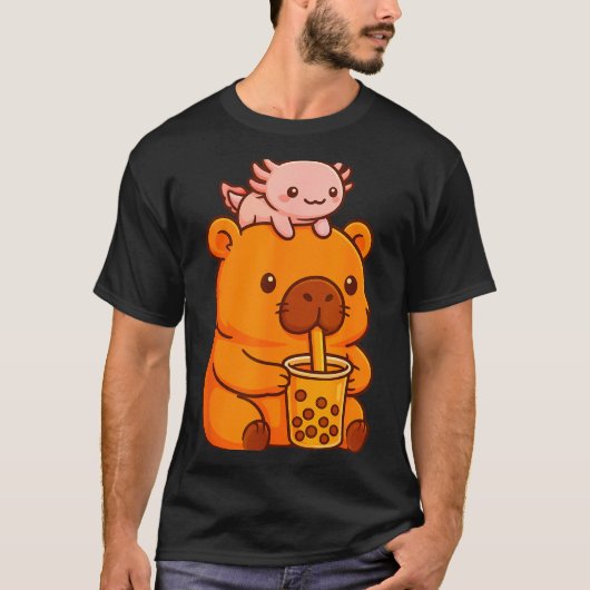 T-shirt Cute Capybara Drinking Bubble Tea And Axolotl Kawa (Devant)